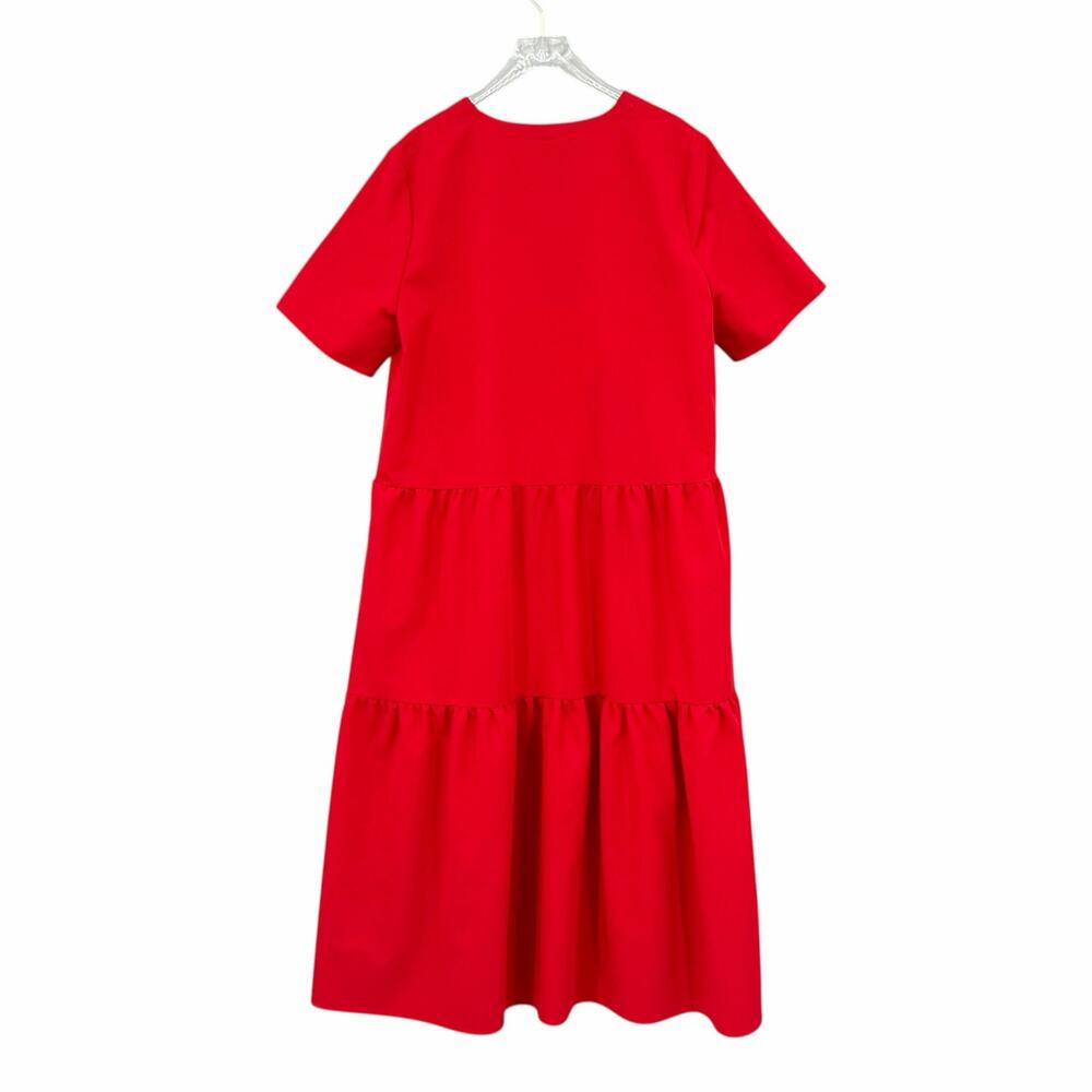 Misook NWT Solid Bold Red Tiered Split V-Neck Short Sleeve Maxi Shift Dress - Picture 8 of 11